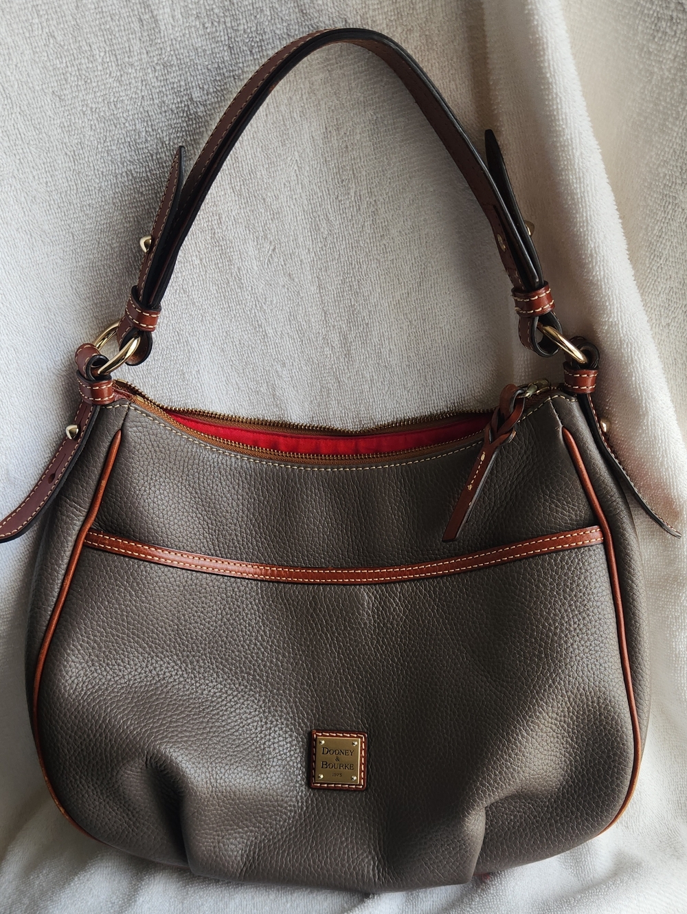 Dooney & Bourke Elephant Gray Pebble Leather Shoulder Bag with Tan Trim
